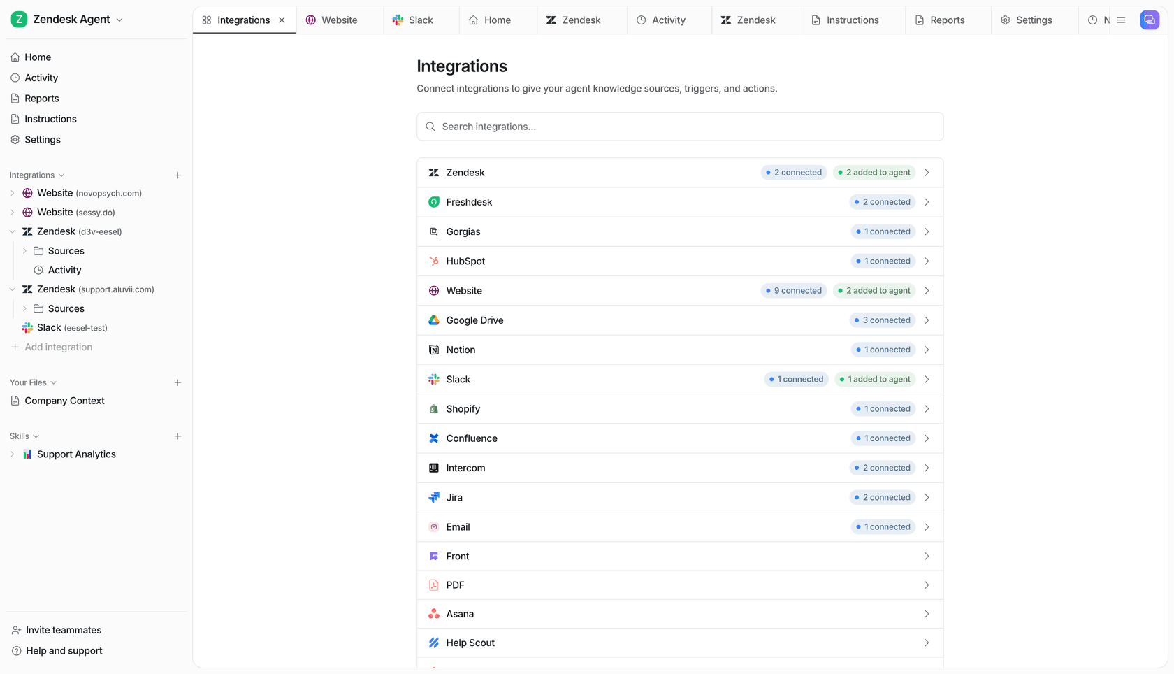 eesel AI dashboard showing connected helpdesk integrations