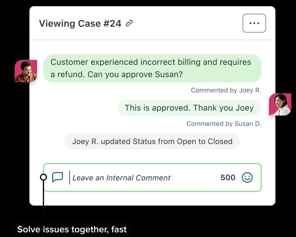 Sprout Social case view showing internal comments and a status change, as taken from the Social Customer Care page