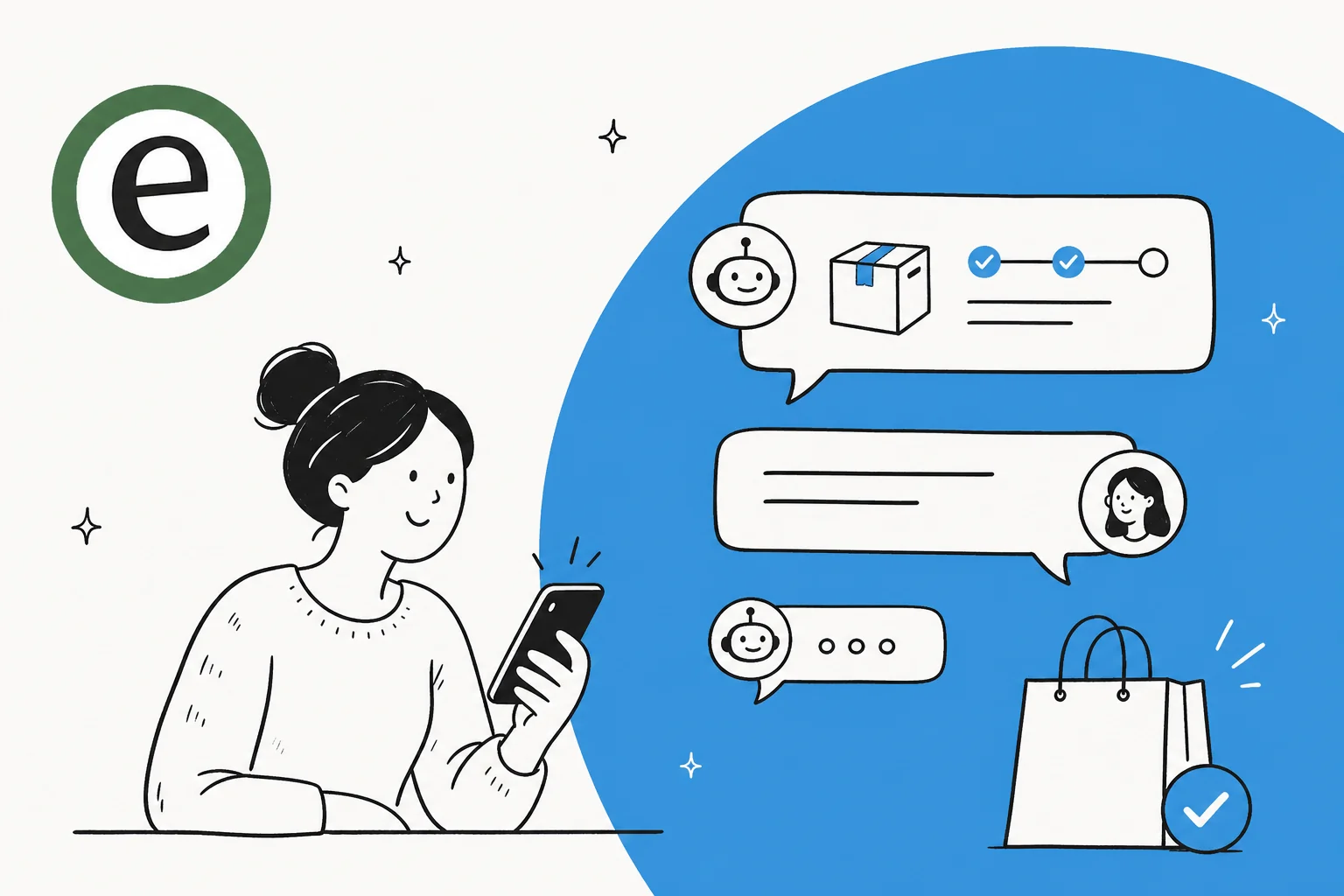 Illustration of AI handling SMS and text-message support for an ecommerce store