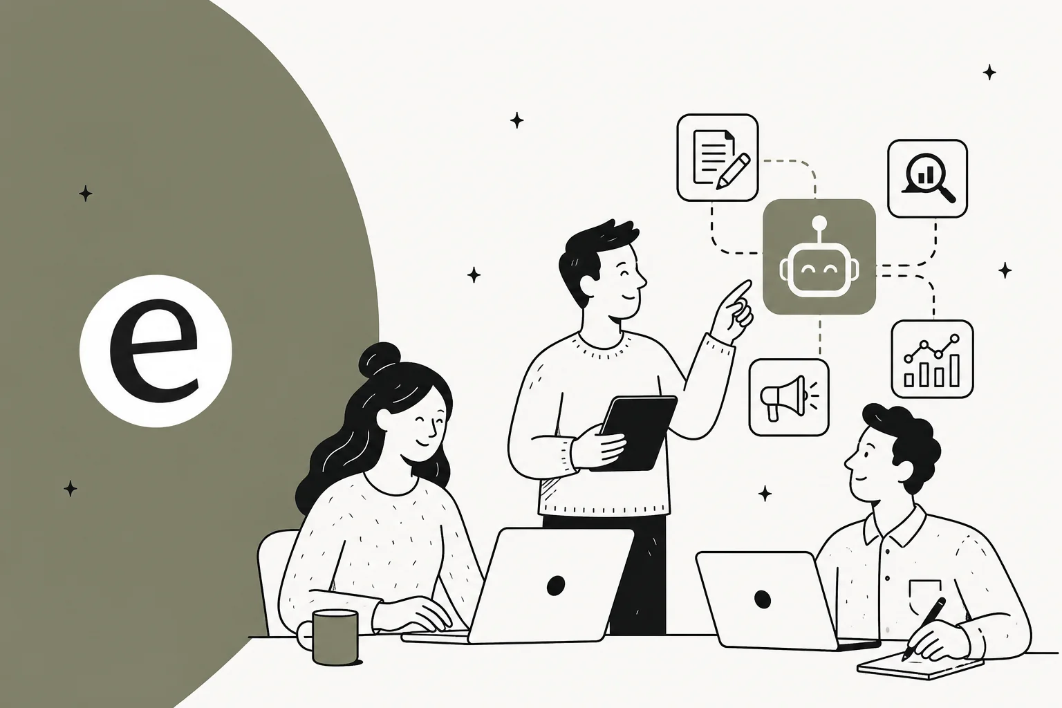 AI tools for affiliate marketing illustration showing content, SEO, and analytics tools converging