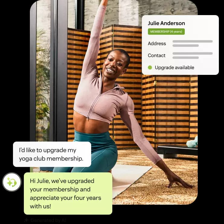 Zendesk AI Agents demo showing a customer asking to upgrade a yoga membership and the AI executing the change, as taken from Zendesk AI Agents