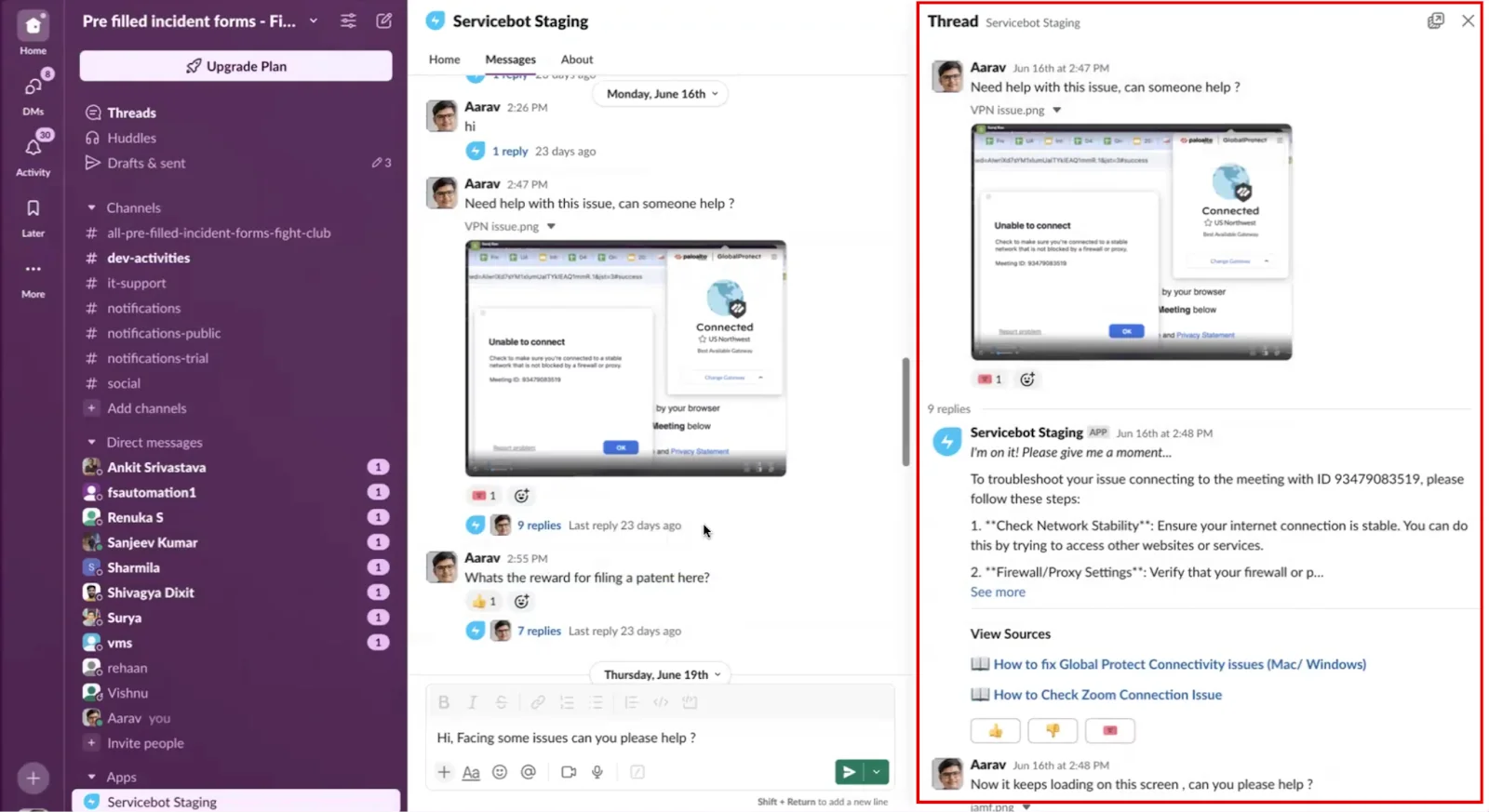 Freddy AI Agent (ServiceBot) answering a VPN connectivity ticket in Slack with numbered troubleshooting steps and a View Sources block linking to knowledge articles, as taken from Freshservice's support docs