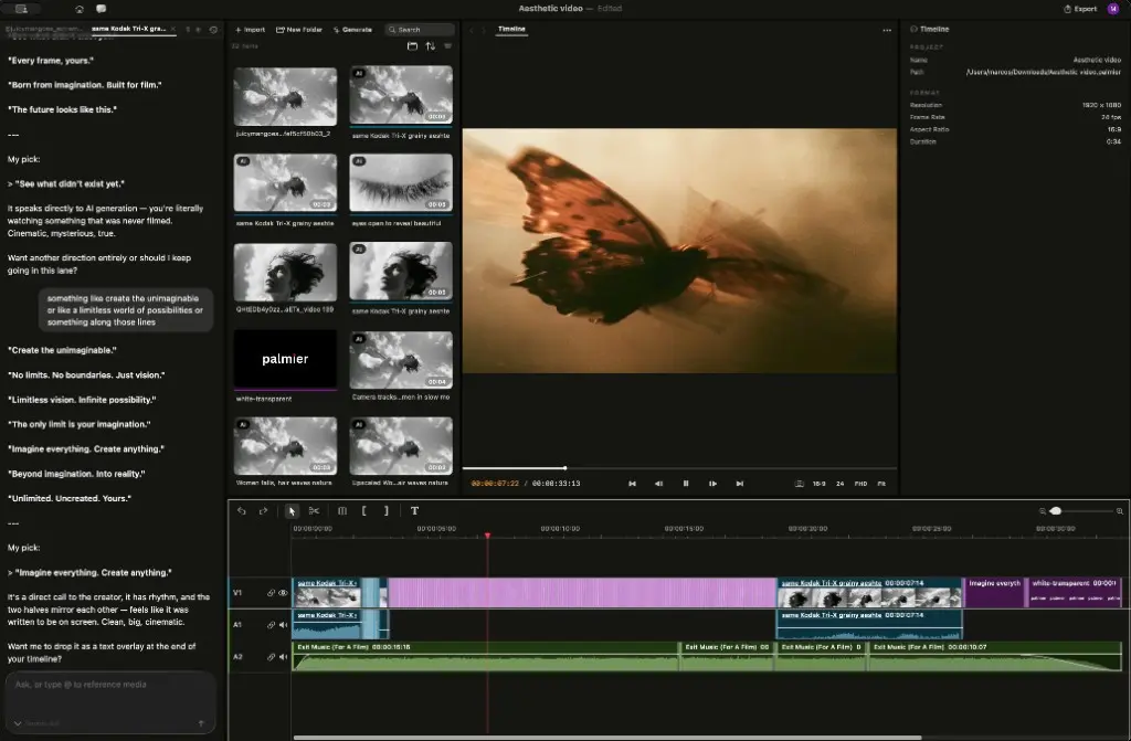 The Palmier Pro editor: an AI chat assistant on the left, a library of generated clips in the middle, the preview viewer, and a multi-track timeline along the bottom, as taken from Palmier