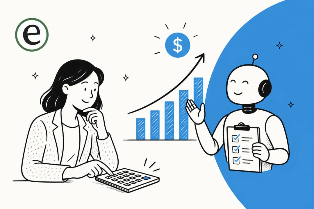 Illustration of a calculator and a rising returns chart representing the ROI of AI customer service
