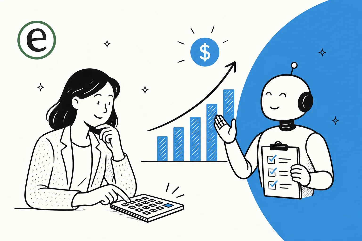 Illustration of a calculator and a rising returns chart representing the ROI of AI customer service