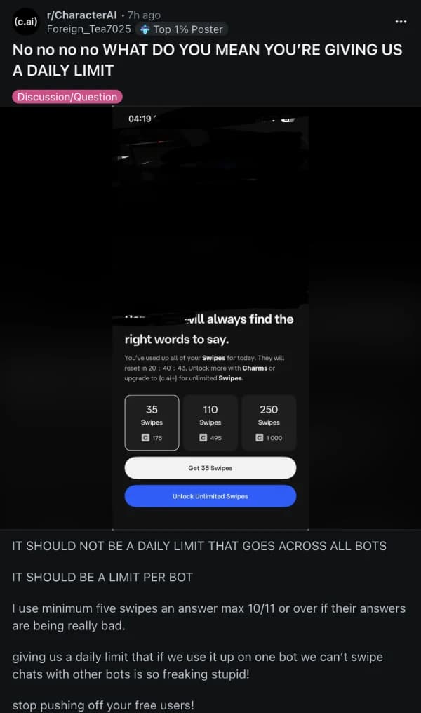 The in-app Charms purchase prompt showing free users can buy 35 Swipes for 175 Charms, 110 Swipes for 495 Charms, or 250 Swipes for 1,000 Charms, as taken from r/CharacterAI