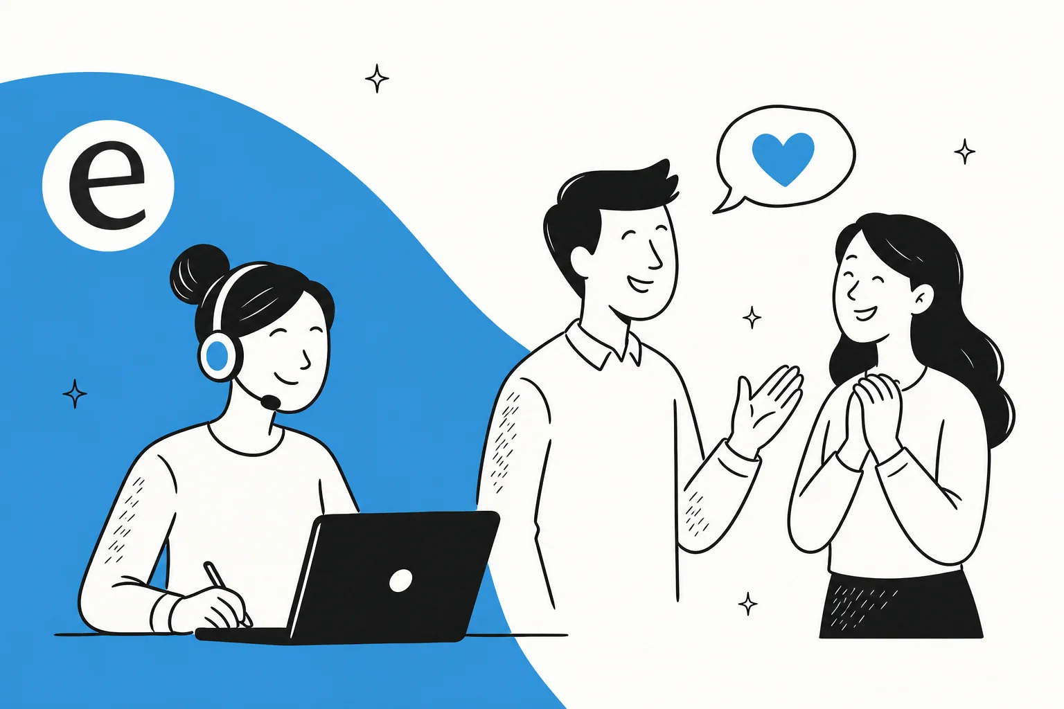 Illustration of a support team helping happy customers, in eesel blue