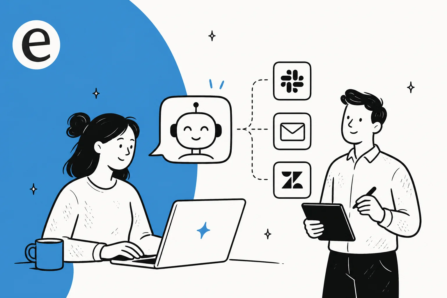 Illustration of a no-code AI support agent connected to a helpdesk, set up by a support team without engineers