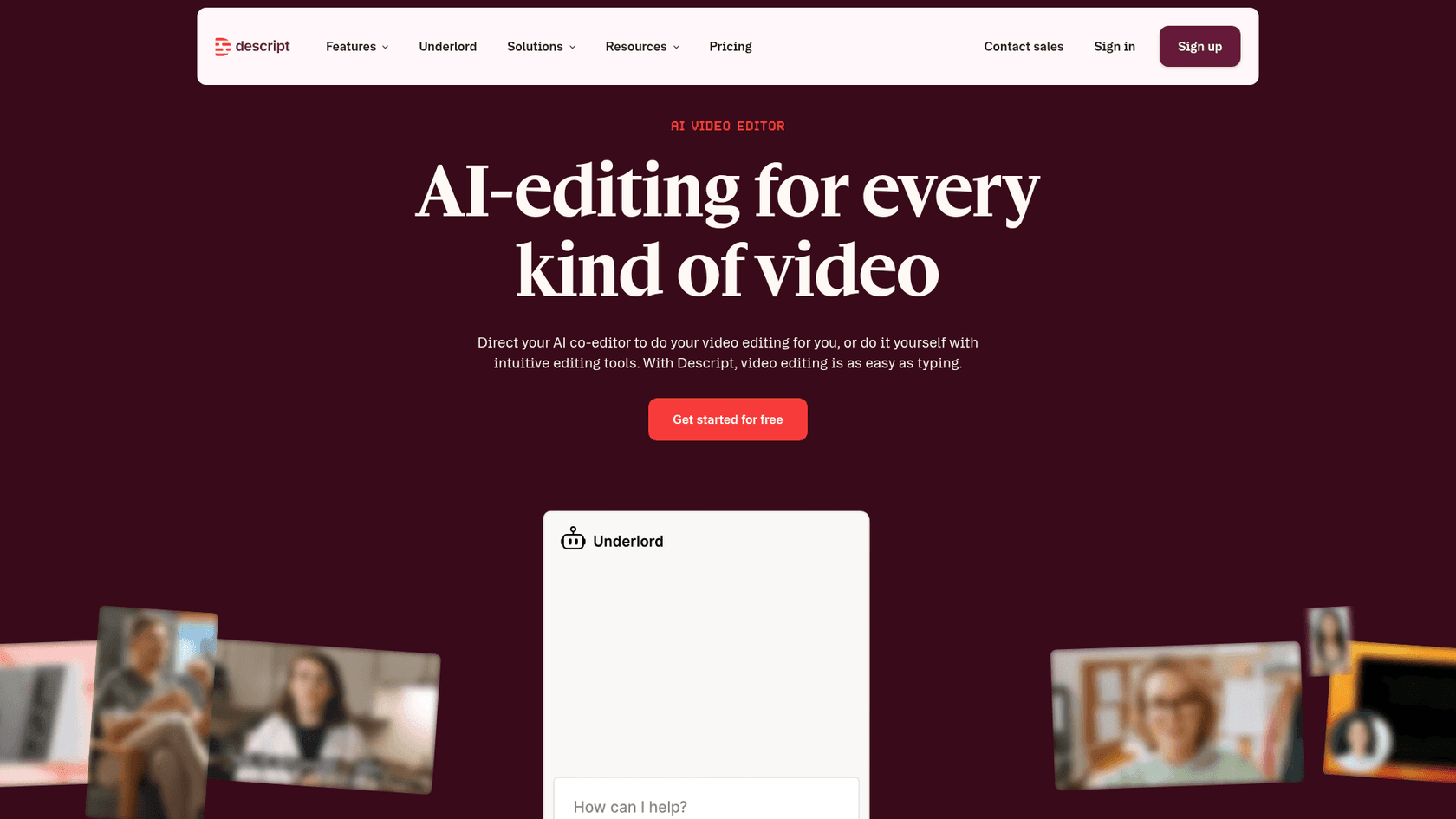 Descript homepage showing its text-based video editor, as taken from Descript