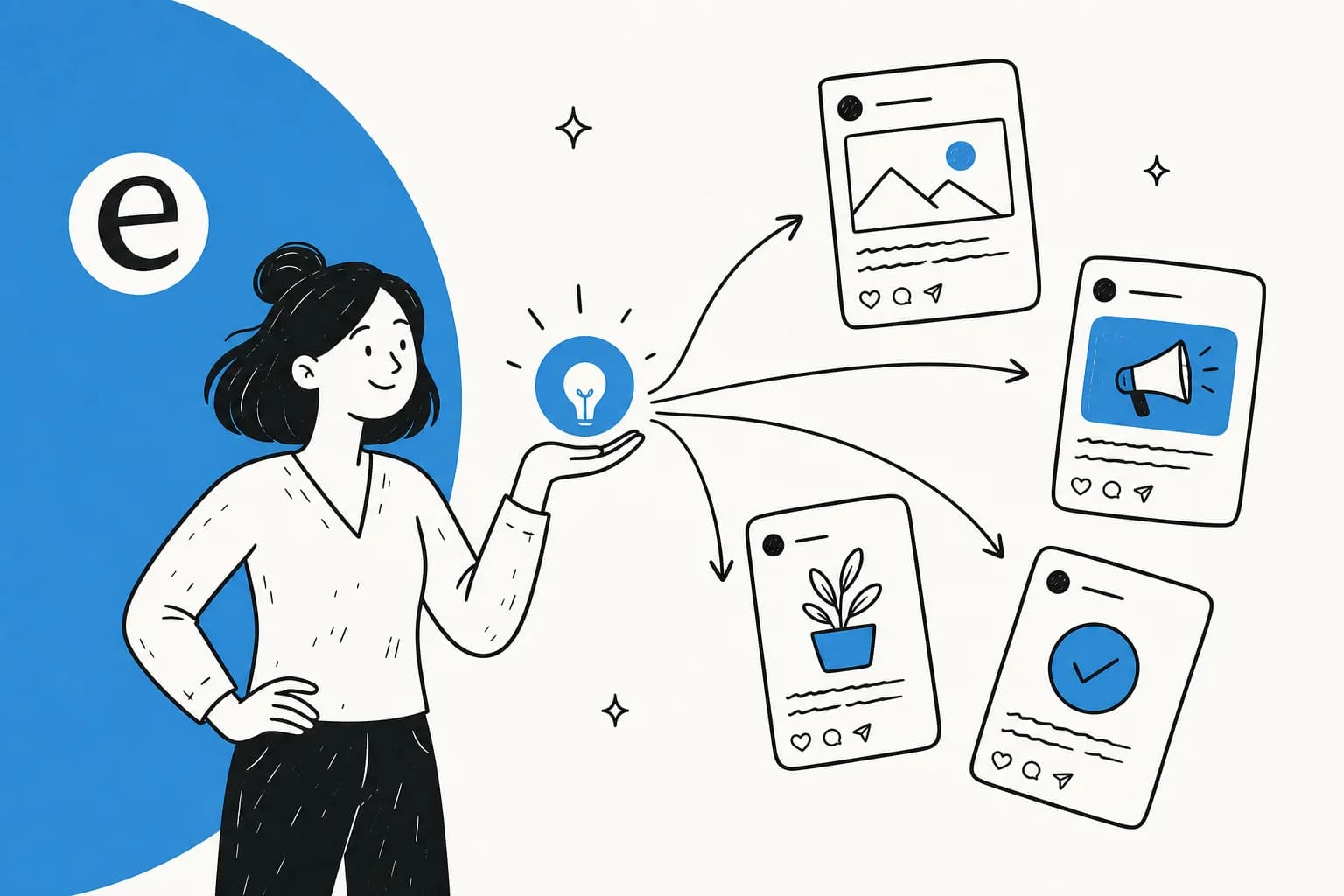 Illustration of one content idea fanning out into several short social media captions