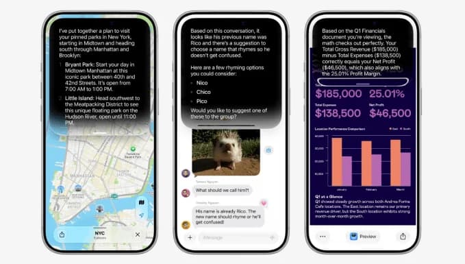 Apple's Siri AI use cases demoed at WWDC 2026, including trip planning, group-chat suggestions, and analysing a financial document, as shown on Apple Newsroom