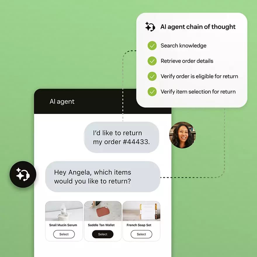 Zendesk AI agent handling a return request - showing item selection and an AI checklist verifying order details and return eligibility, as taken from Zendesk