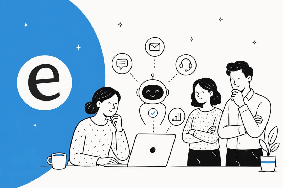 Illustration of a small support team and an AI assistant handling chat, email, and phone tickets together