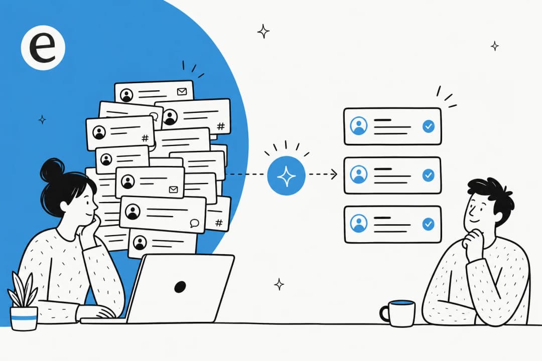 A crowded support ticket inbox being condensed into a few clean summary cards