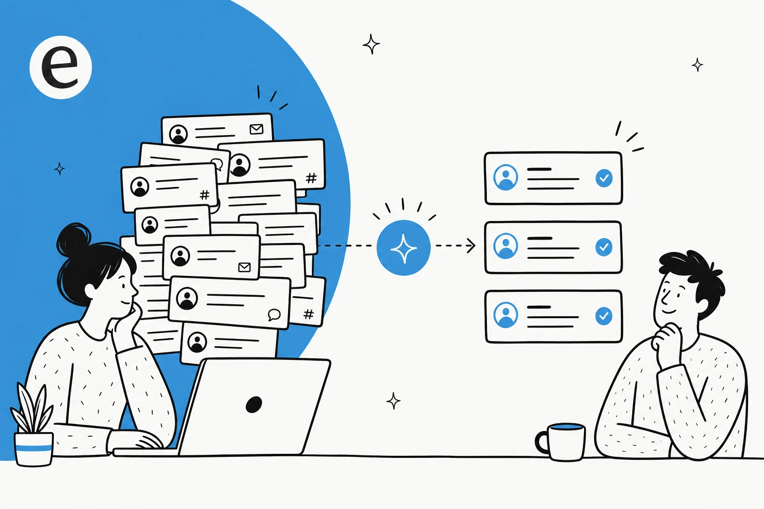 A crowded support ticket inbox being condensed into a few clean summary cards