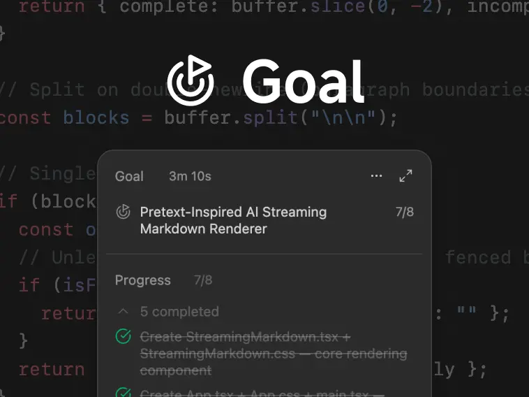 ZCode's Goal panel tracking a long-running task with a 7-of-8 progress checklist, as taken from the ZCode homepage