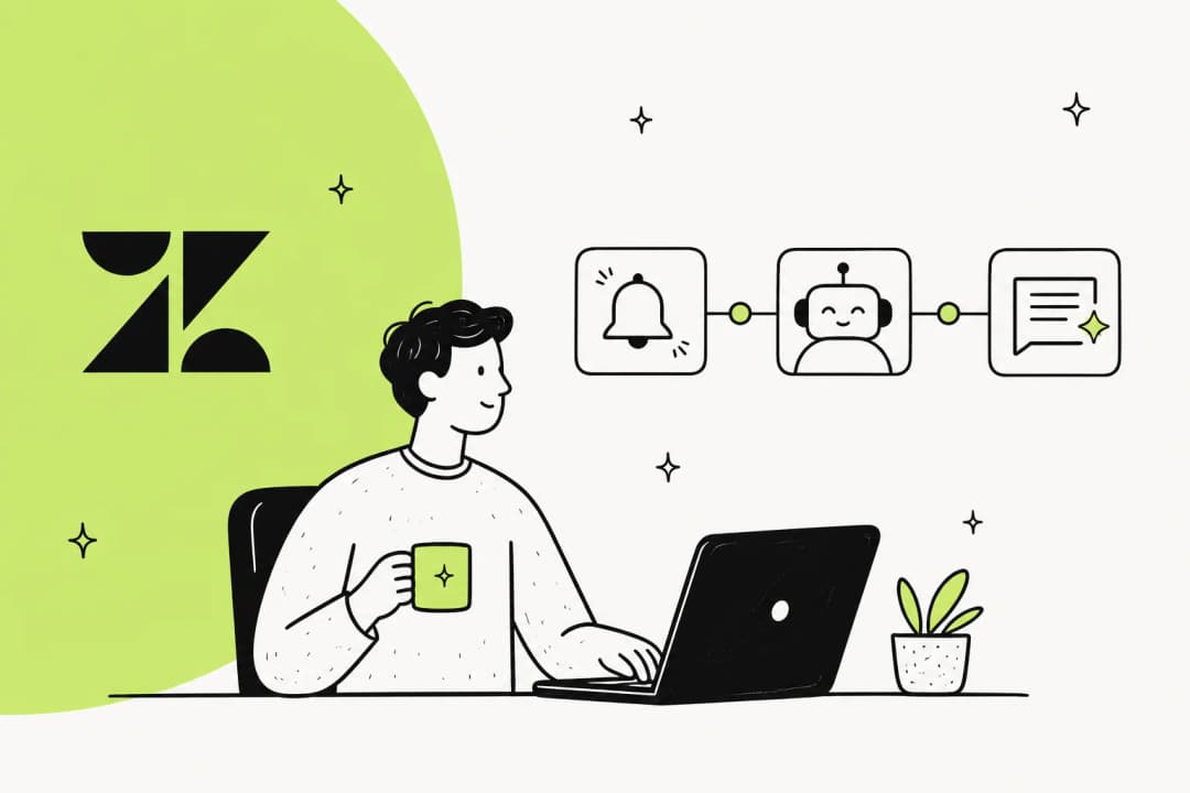 Illustration of a support agent and an AI bot surrounded by automation icons, on a Zendesk-green background