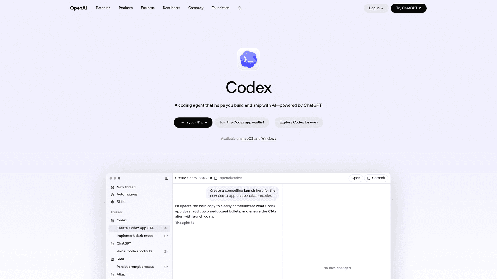 The OpenAI Codex product page, as taken from OpenAI