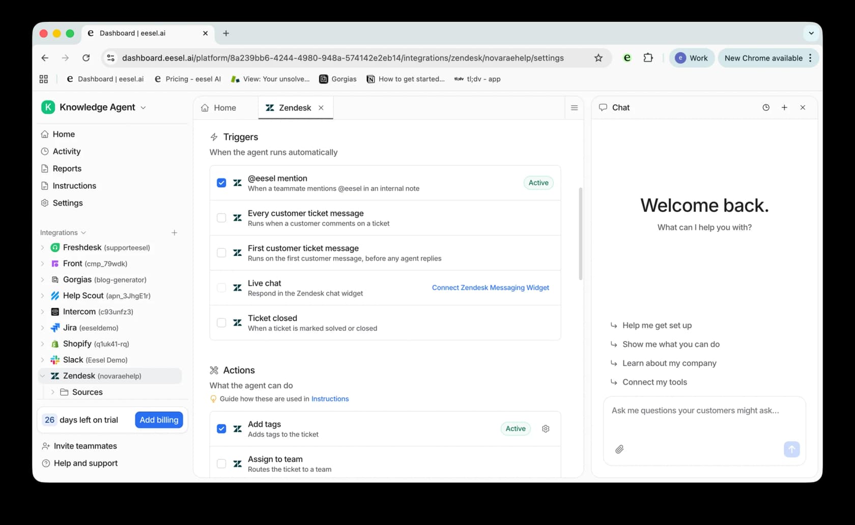 eesel's Zendesk integration Triggers panel, showing '@eesel mention' active and other trigger options like 'Every customer ticket message' and 'Ticket closed', as taken from eesel