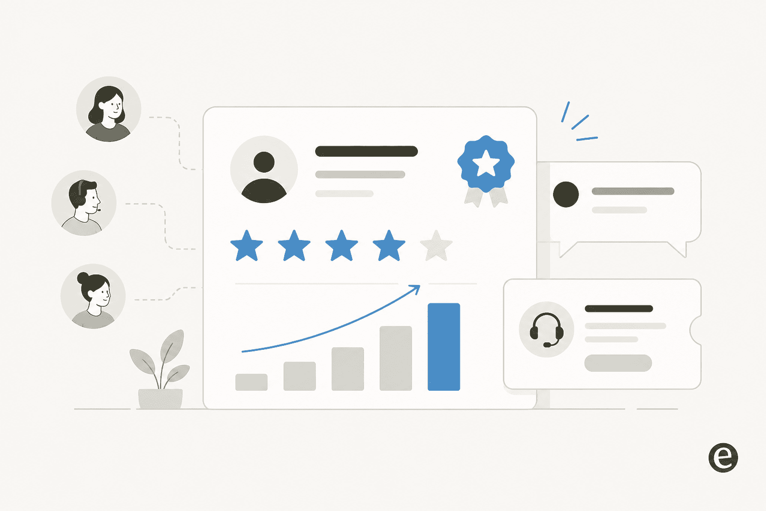 Illustration of a customer focus performance review with rating levels for a support team