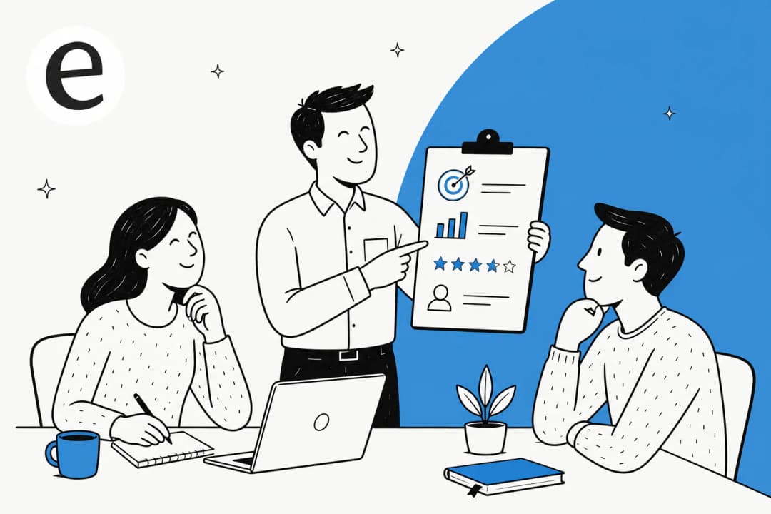 Illustration of a customer service performance review scorecard with goals and KPIs