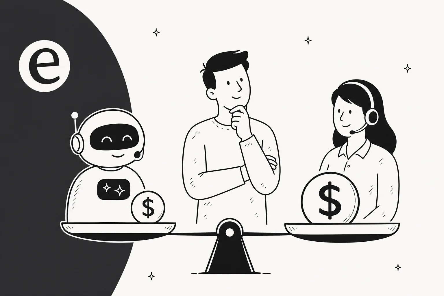Cost breakdown illustration comparing an AI customer service agent and a human support agent