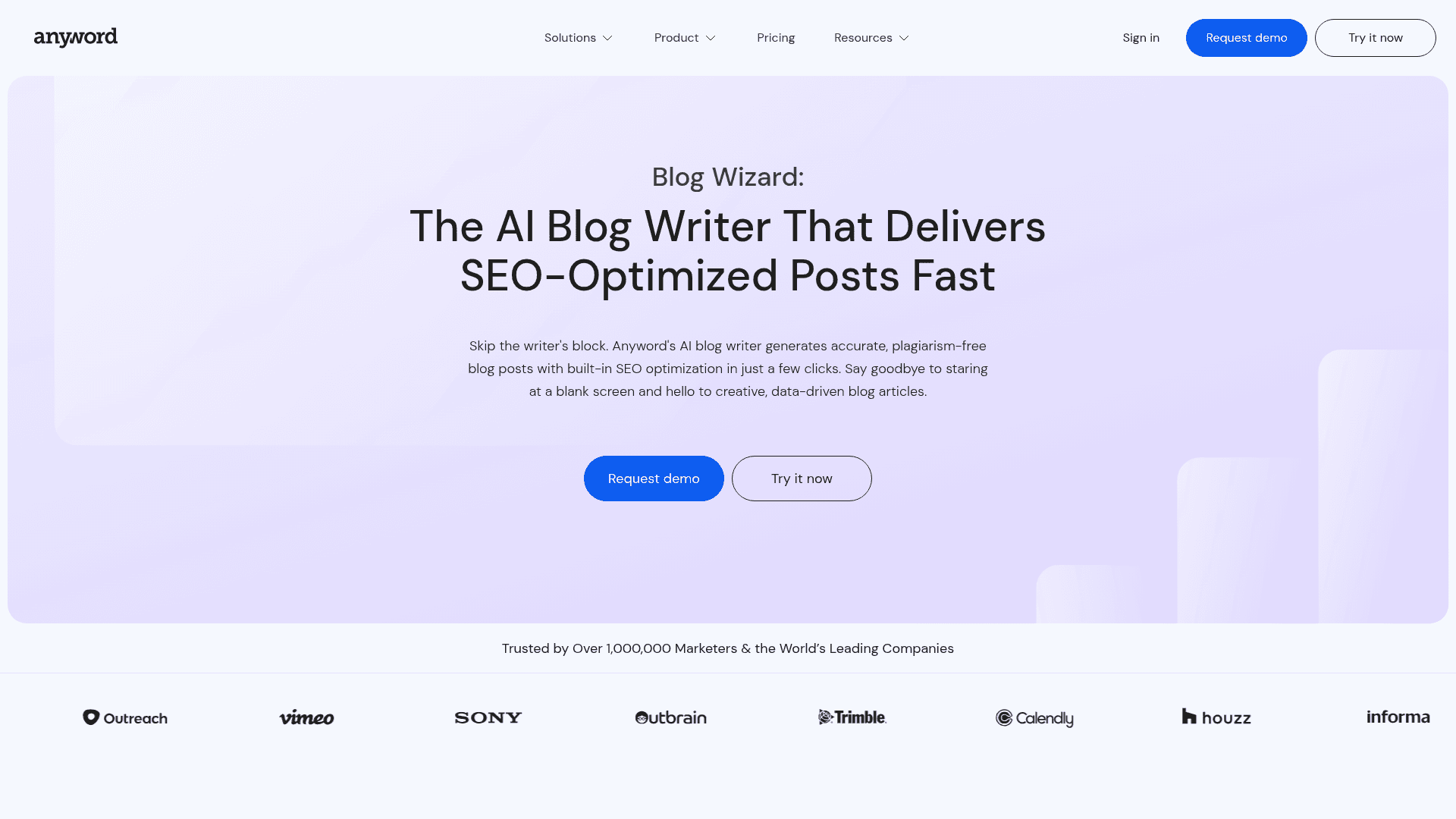 Anyword Blog Wizard showing the long-form editor with SEO score, research panel, and performance prediction interface, as taken from Anyword