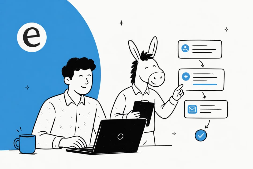 Illustration of a writer feeding an offer, a trigger, a prospect, and a voice sample into an AI composer that drafts a personalized cold email