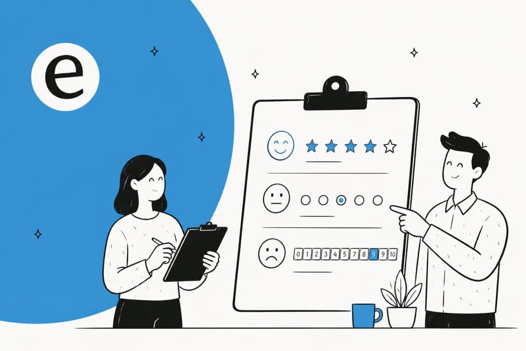 Illustration of customer satisfaction survey questions across CSAT, NPS, and CES rating scales