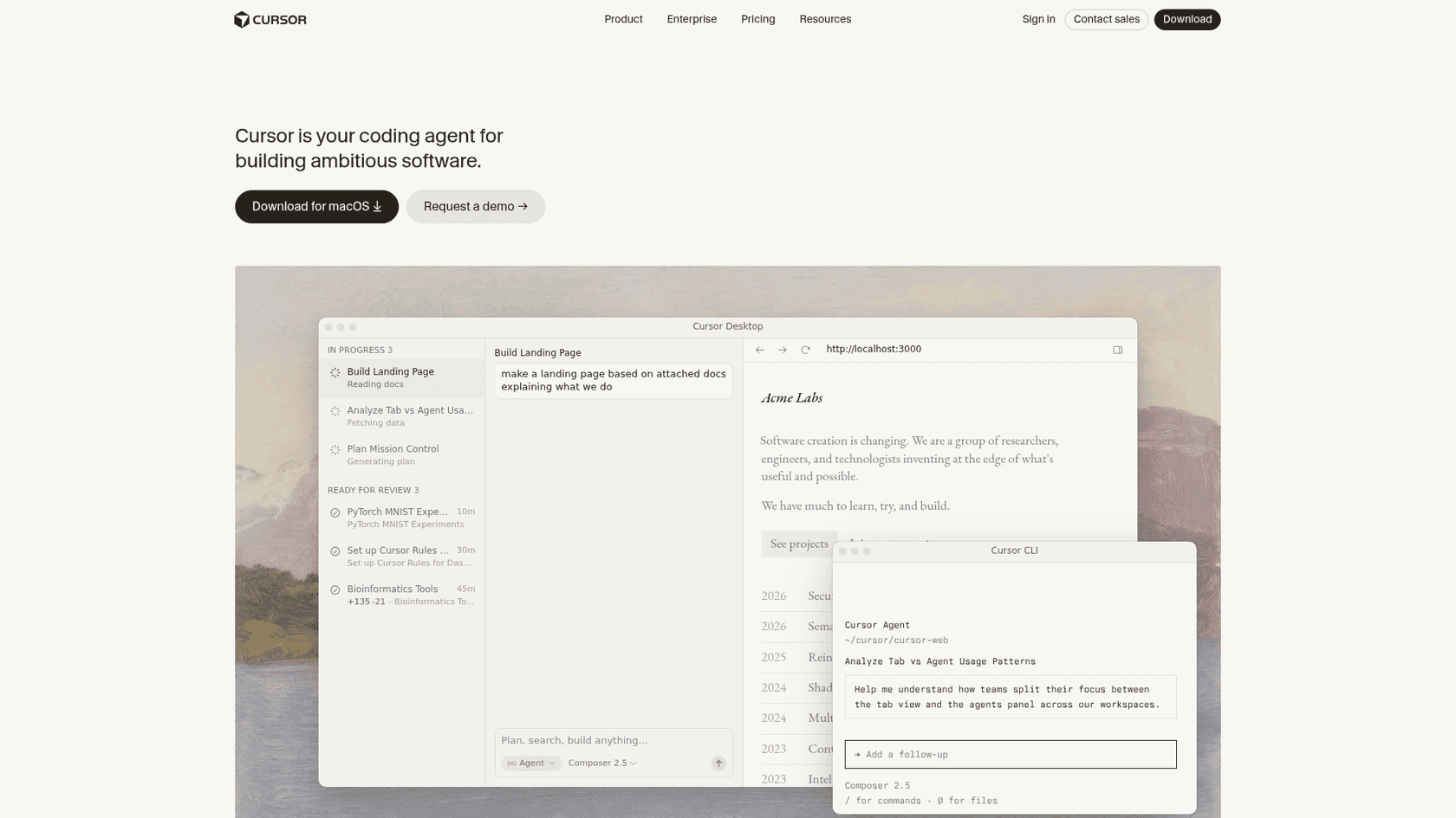 The Cursor homepage showing its AI code editor, as taken from Cursor