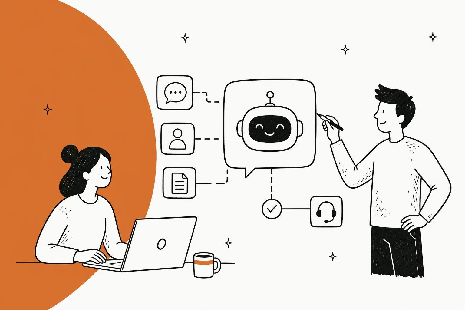Illustration of a person training an AI support chatbot connected to chat, contact, and document sources