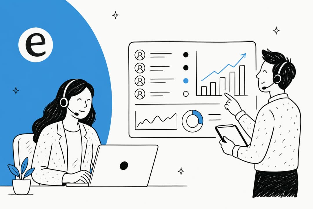 Illustration of a modern call center dashboard with rising performance charts and support headsets