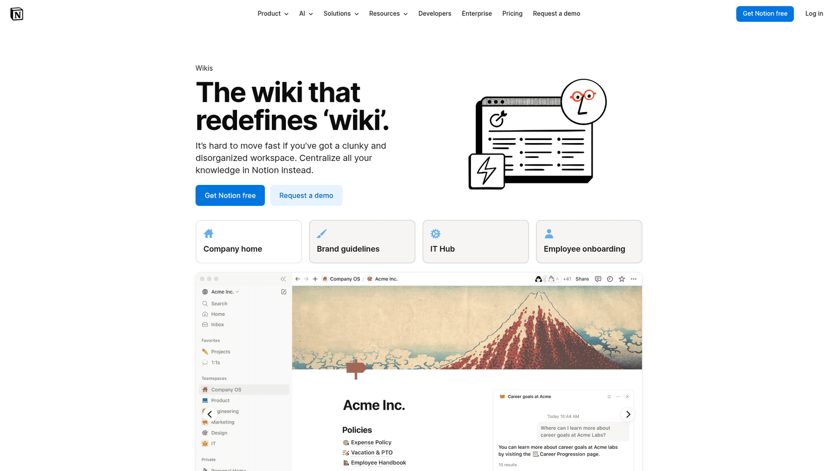 Notion wikis product page showing the knowledge base builder and verification badges feature