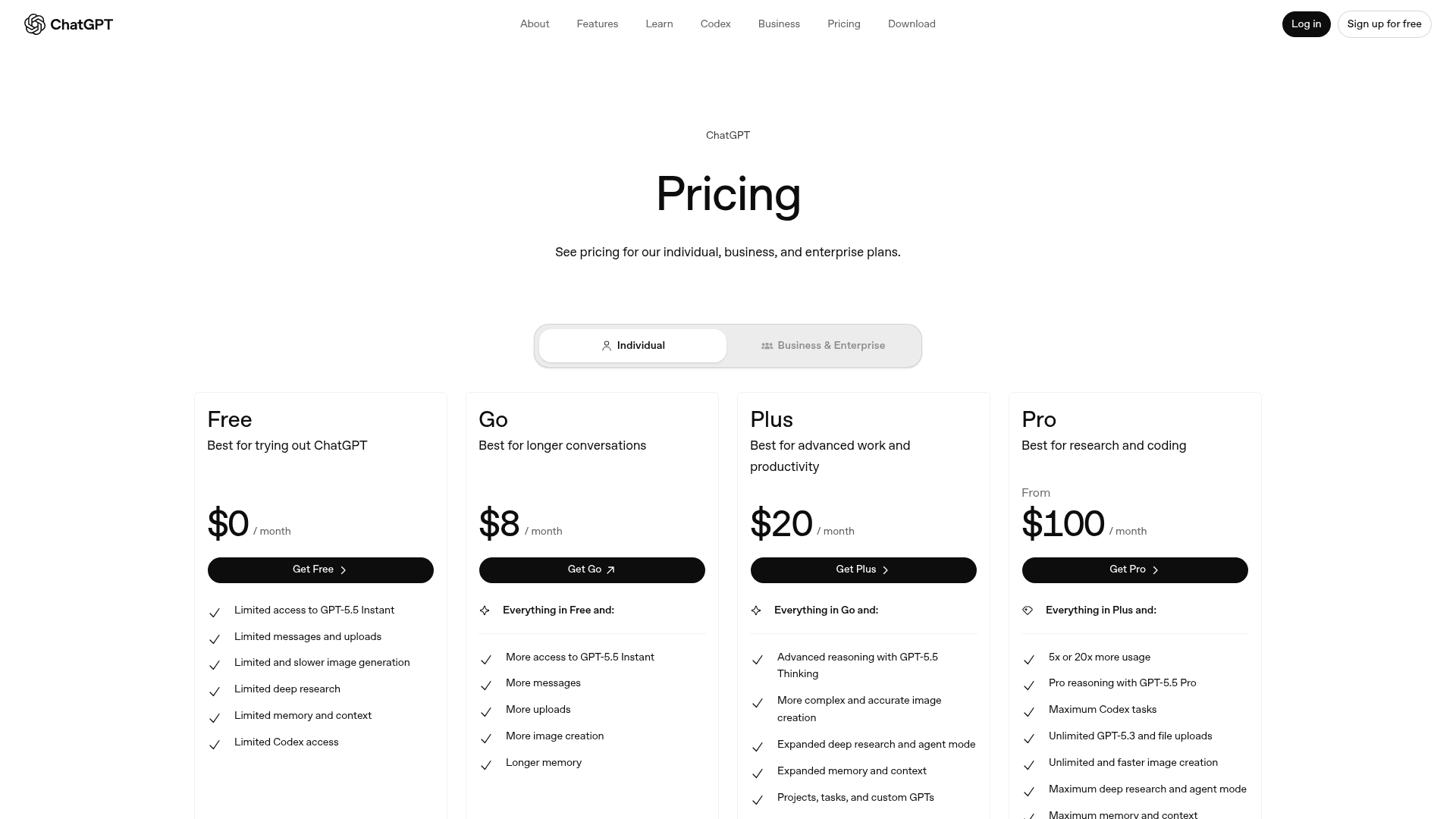 ChatGPT pricing page showing the Free, Go, Plus and Pro plans with GPT-5.5 features, as captured from openai.com