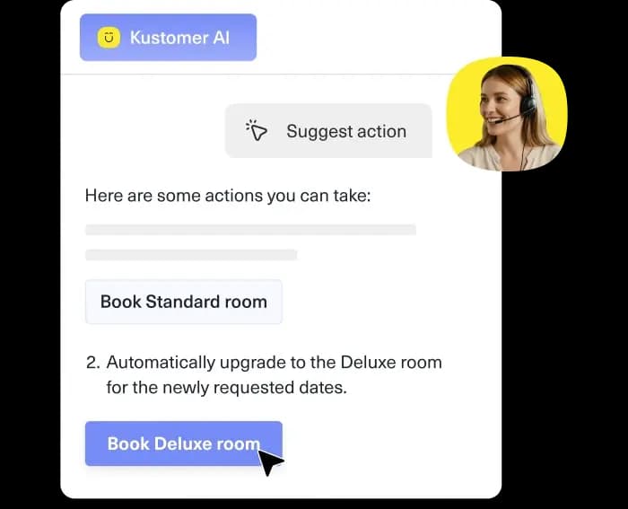 Kustomer AI panel suggesting next-best actions to an agent, including a room upgrade option