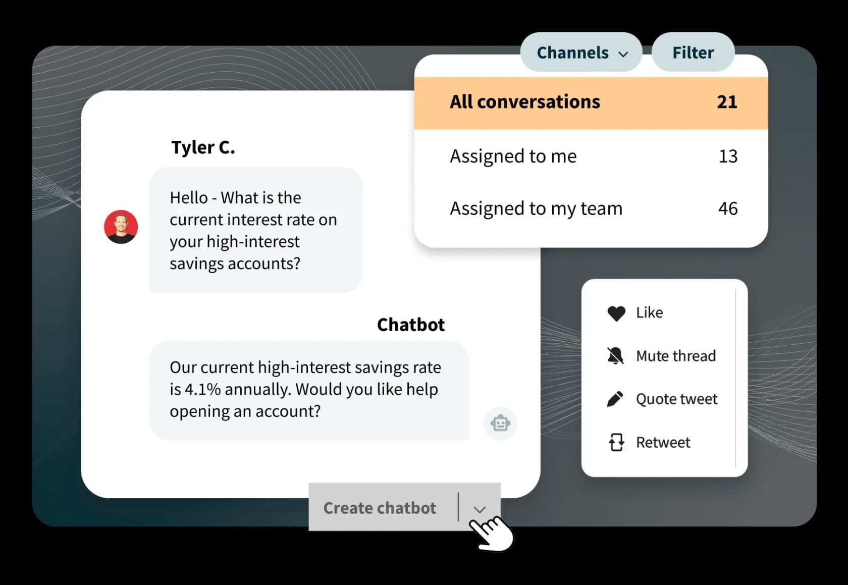 Hootsuite chatbot answering a savings-rate question beside inbox assignment counts, as taken from Hootsuite