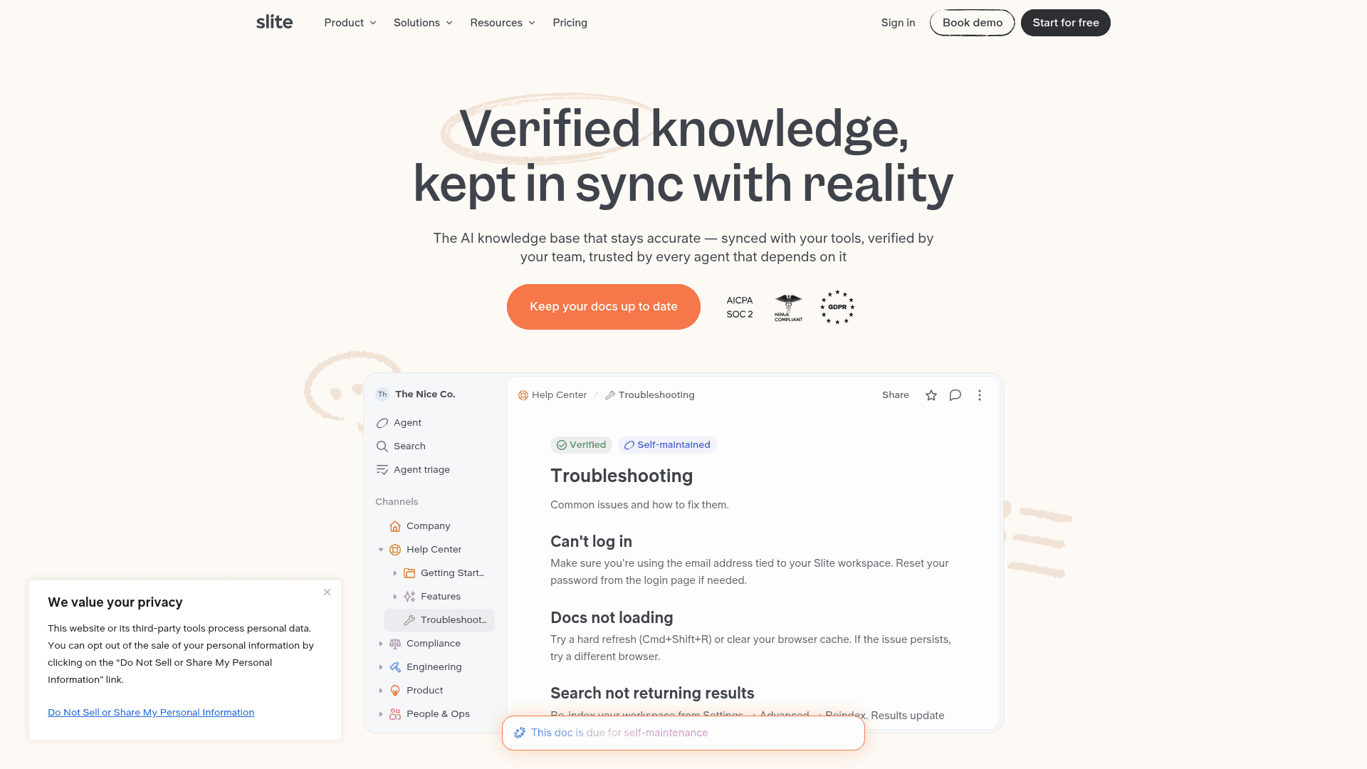Slite's product page showing the self-maintaining knowledge base and Ask feature, from Slite