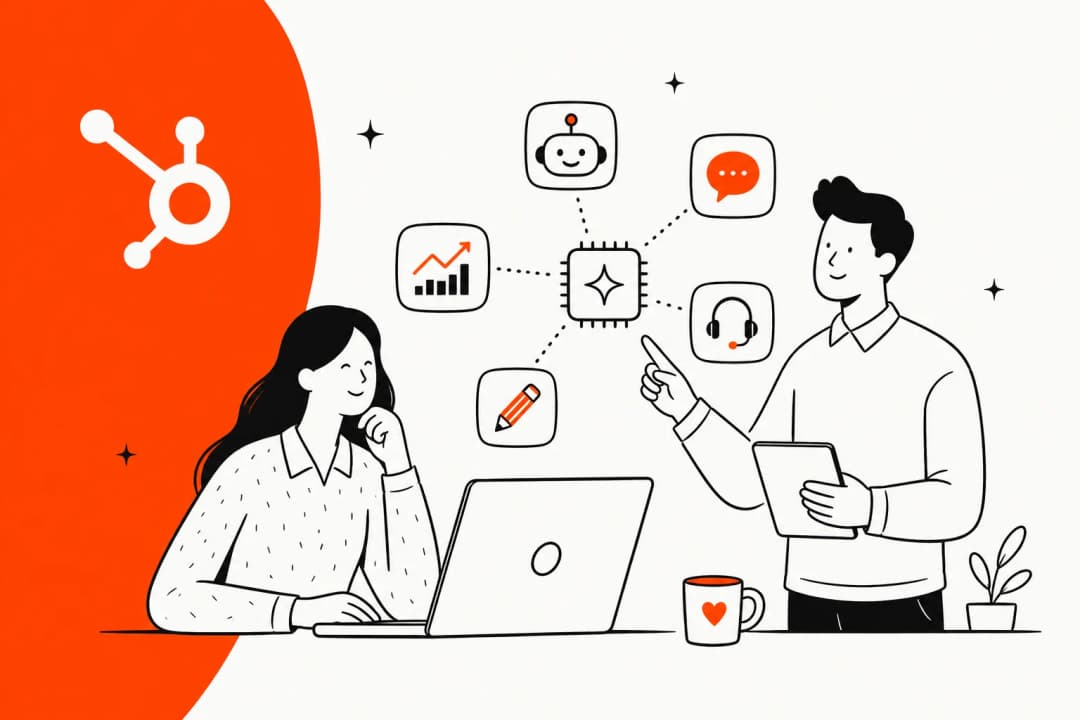 Illustration of the best AI tools for HubSpot Service Hub, with the HubSpot logo
