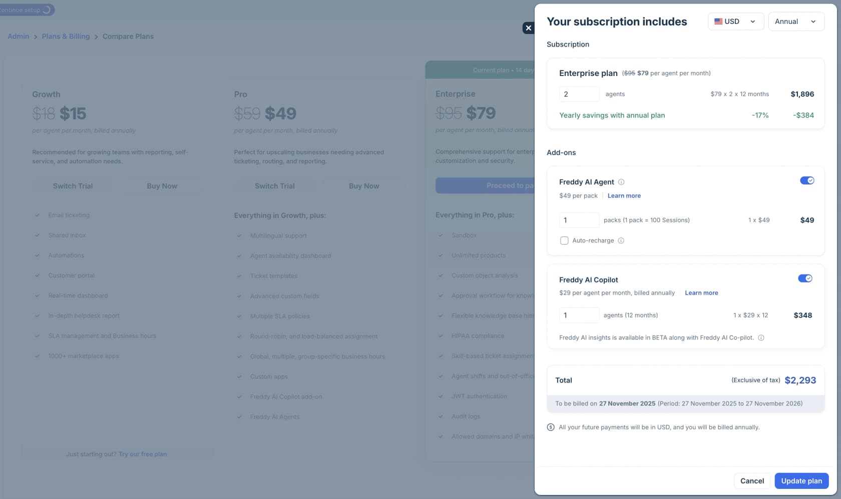 The Manage Subscriptions modal showing Freddy AI Copilot at $29 per agent per month and Freddy AI Agent at $49 per pack, as taken from the Freshdesk support docs