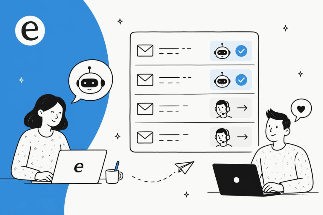 Illustration of an AI teammate sorting an inbox of customer emails, auto-answering some and routing others to a human