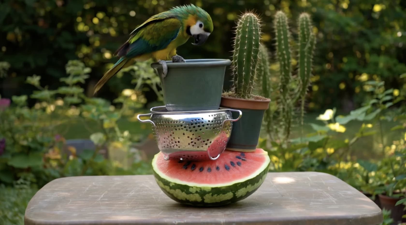 Gen-4.5 photorealistic output: a parrot on a watermelon, colander, and cactus stack, as taken from Runway