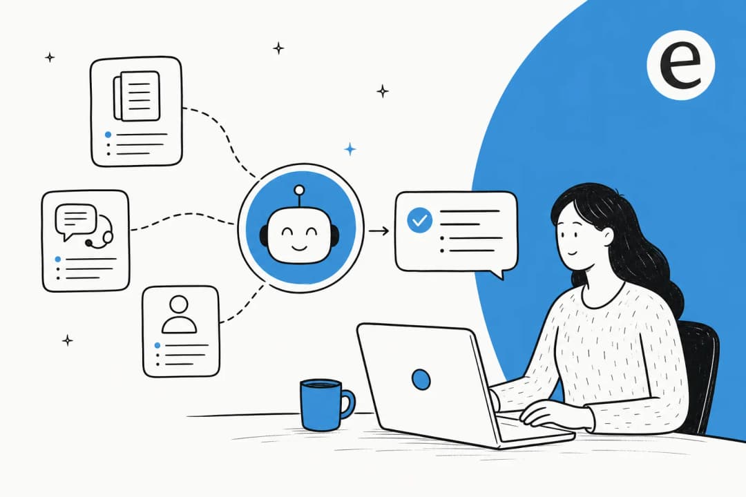 Illustration of scattered support knowledge being unified into one AI-searchable knowledge layer