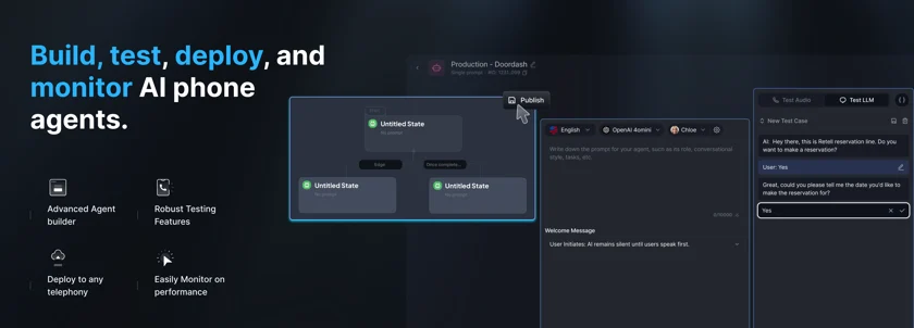 The Retell AI dashboard showing a Production Doordash agent with a flow canvas, prompt editor and a test panel running a reservation conversation, as taken from Retell AI
