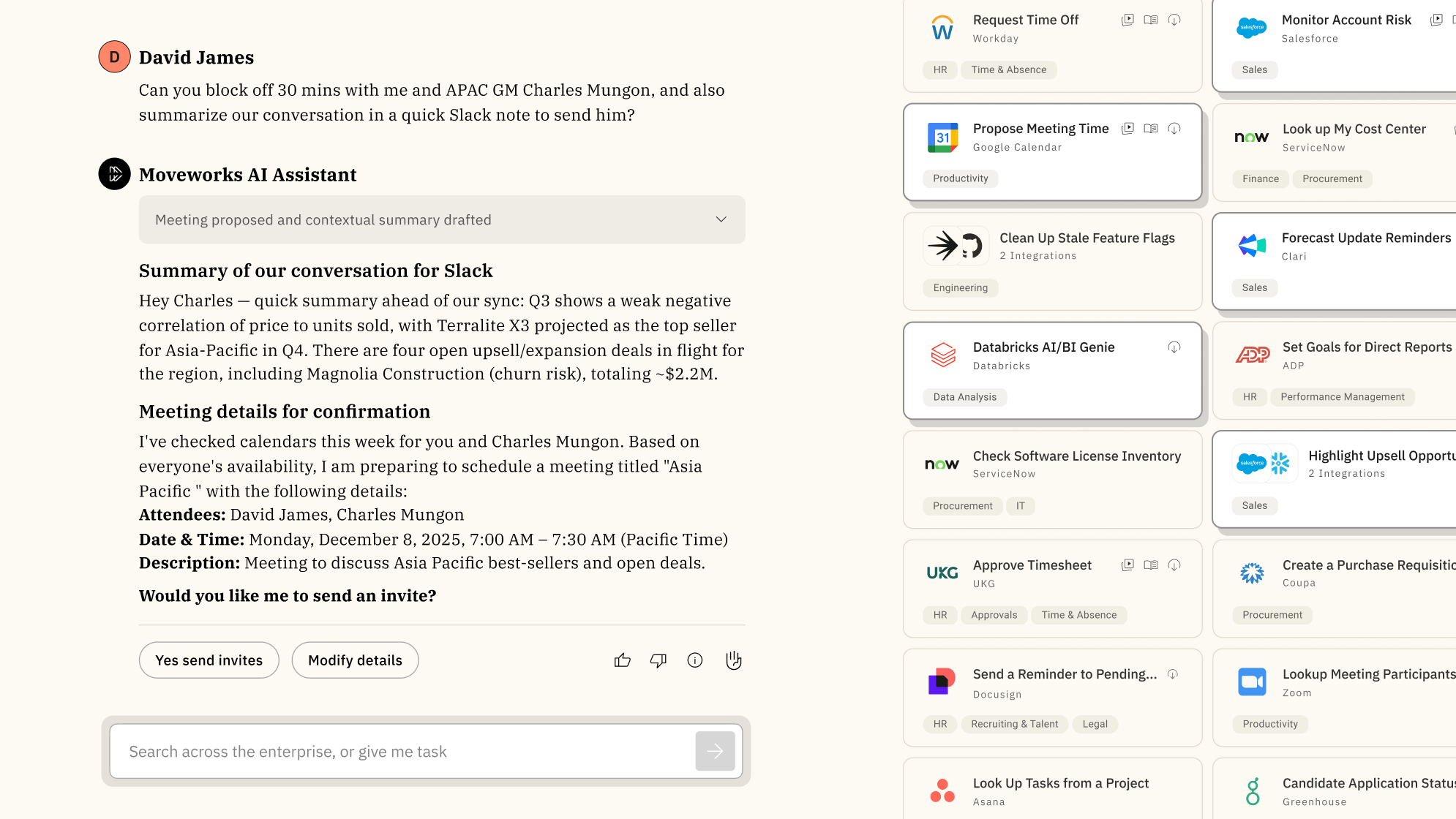 Moveworks AI Assistant handling a complex multi-system request from David James: scheduling a meeting, drafting a Slack note, and pulling APAC Q3 sales data -- simultaneously across Google Calendar, Slack, ServiceNow, and Salesforce, as taken from Moveworks
