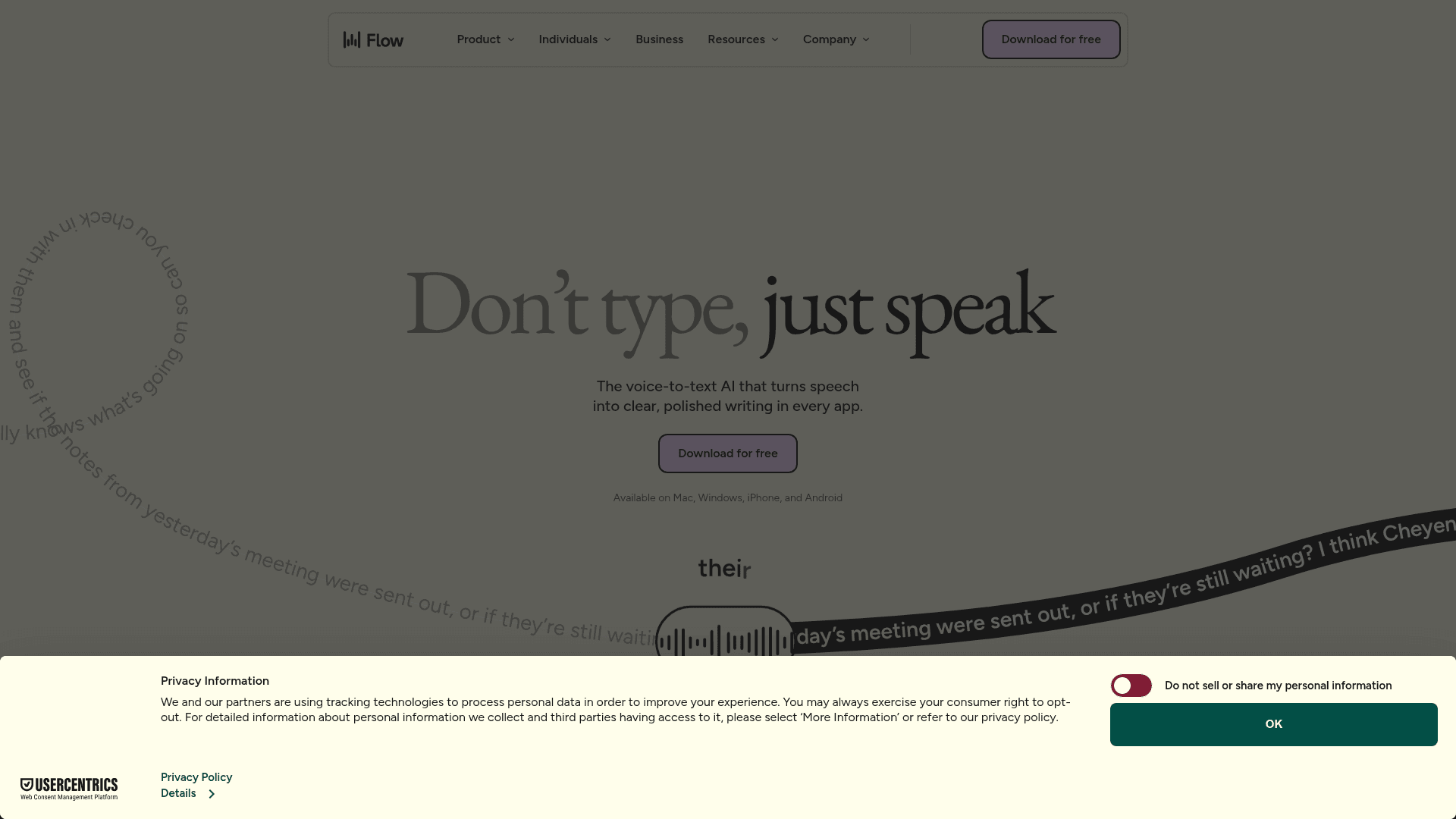 The Wispr Flow homepage, pitching voice dictation that's 4x faster than typing, as taken from Wispr Flow