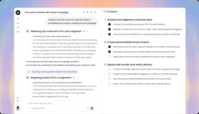 Writer Agent interface showing an in-progress multi-step campaign workflow in the left panel, as taken from Writer
