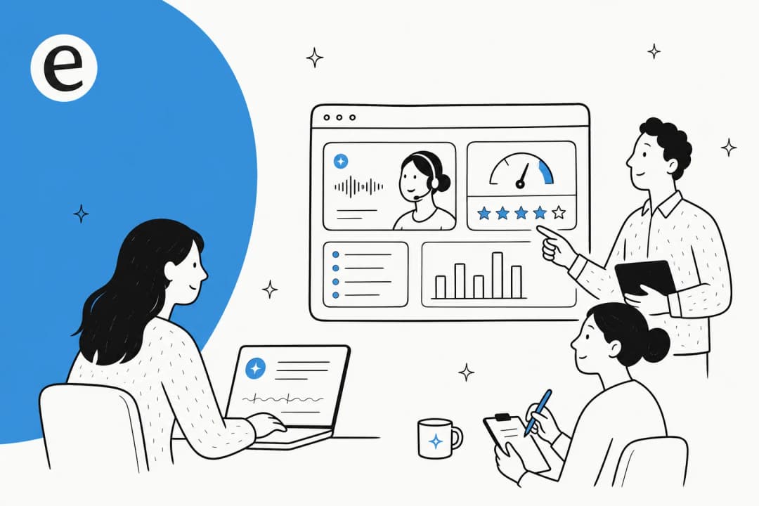 Illustration of AI scoring and auditing customer support conversations on a dashboard