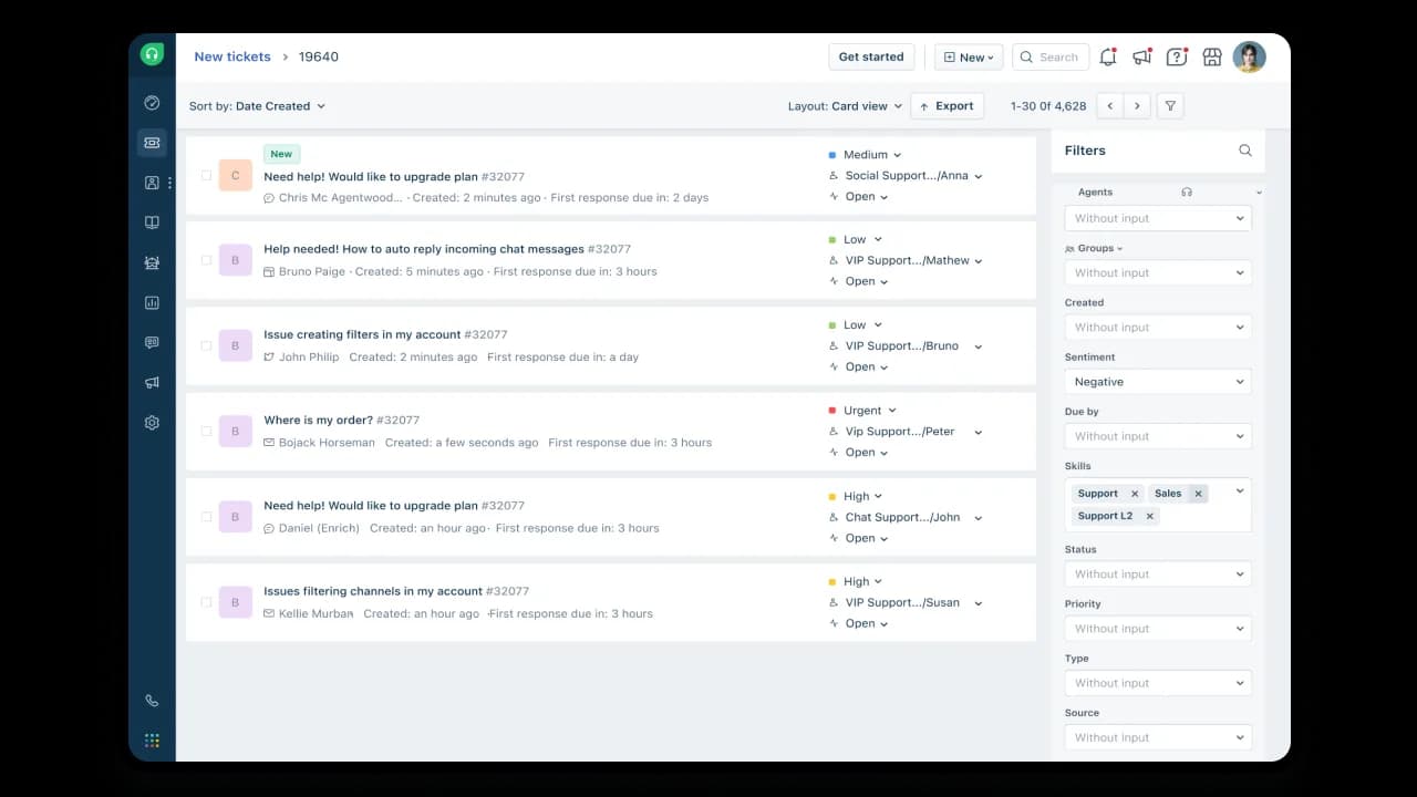 The Freshdesk agent workspace showing the ticket list, filters, and SLA timers, as taken from Freshworks