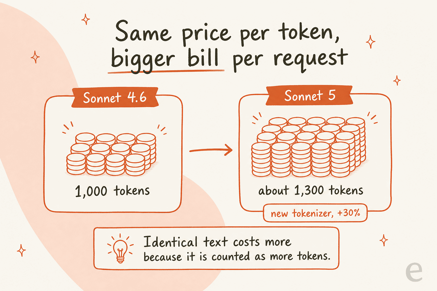 Diagram showing the same prompt billed as 1,000 tokens on Sonnet 4.6 but about 1,300 tokens on Sonnet 5 because of the new tokenizer