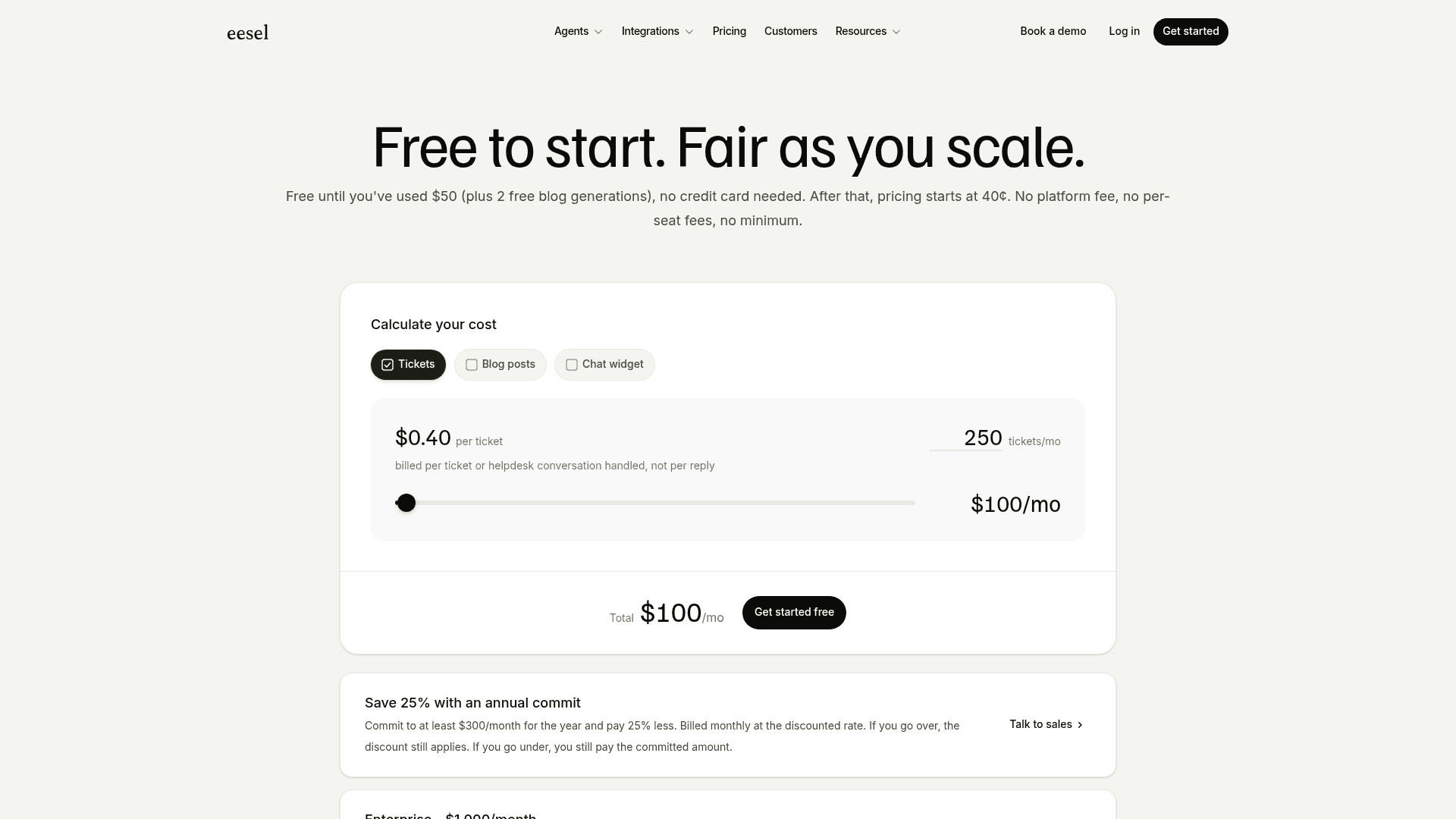 A screenshot of the eesel AI pricing page, which is transparent unlike some OpenEvidence AI alternatives.